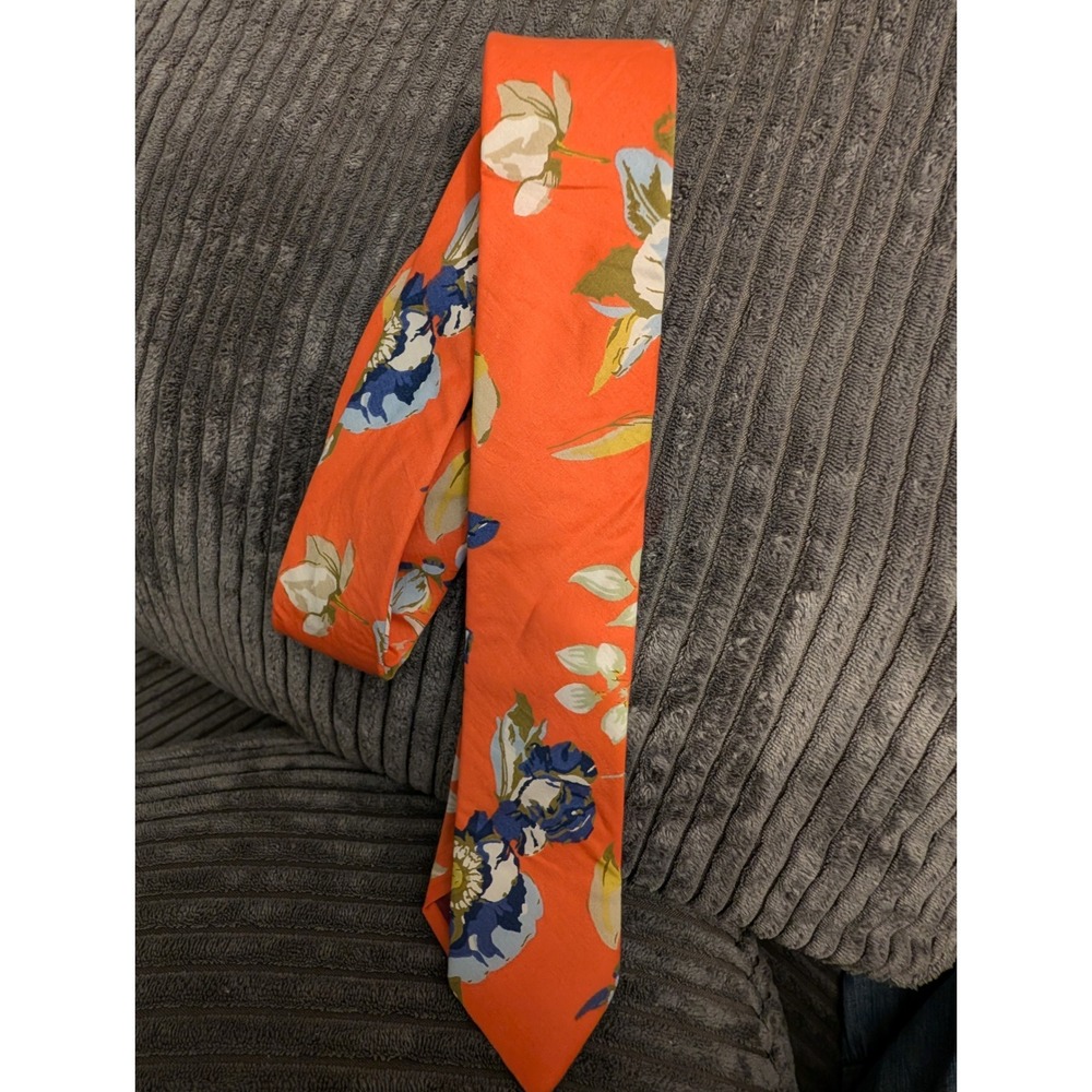 Original Penguin Mens Orange Floral Cotton Necktie Blue White Flower Print Tie
